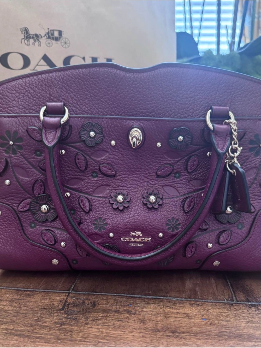 Coach Willow Floral Mercer Satchel 24 Floral Appliqué Leather Satchel in Plum